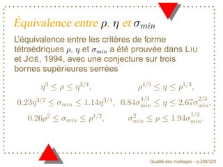 Équivalence entre ,         et
L’équivalence entre les critères de forme
tétraédriques , et        a été prouvée dans L IU
et J OE, 1994, avec une conjecture sur trois
bornes supérieures serrées




                                          ´
                                    Qualite des maillages – p.208/329
 