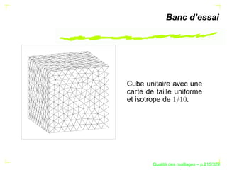 Banc d’essai




Cube unitaire avec une
carte de taille uniforme
et isotrope de      .




              ´
        Qualite des maillages – p.215/329
 