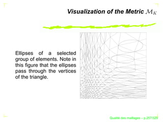 Visualization of the Metric




Ellipses of a selected
group of elements. Note in
this ﬁgure that the ellipses
pass through the vertices
of the triangle.




                                            ´
                                      Qualite des maillages – p.257/329
 