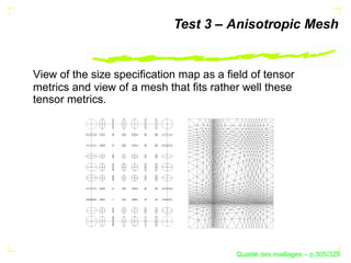 Test 3 – Anisotropic Mesh


View of the size speciﬁcation map as a ﬁeld of tensor
metrics and view of a mesh that ﬁts rather well these
tensor metrics.




                                               ´
                                         Qualite des maillages – p.305/329
 