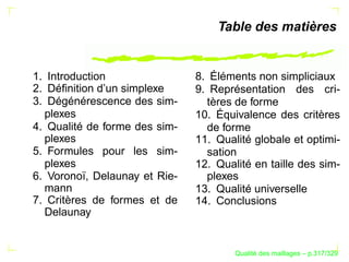 Table des matières


1. Introduction                8. Éléments non simpliciaux
2. Déﬁnition d’un simplexe     9. Représentation des cri-
3. Dégénérescence des sim-       tères de forme
  plexes                       10. Équivalence des critères
4. Qualité de forme des sim-     de forme
  plexes                       11. Qualité globale et optimi-
5. Formules pour les sim-        sation
  plexes                       12. Qualité en taille des sim-
6. Voronoï, Delaunay et Rie-     plexes
  mann                         13. Qualité universelle
7. Critères de formes et de    14. Conclusions
  Delaunay


                                             ´
                                       Qualite des maillages – p.317/329
 