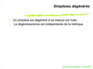 Simplexes dégénérés


Un simplexe est dégénéré si sa mesure est nulle.
La dégénérescence est indépendante de la métrique.




                                         ´
                                   Qualite des maillages – p.319/329
 