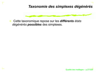 Taxonomie des simplexes dégénérés


 Cette taxonomique repose sur les différents états
dégénérés possibles des simplexes.




                                            ´
                                      Qualite des maillages – p.27/329
 
