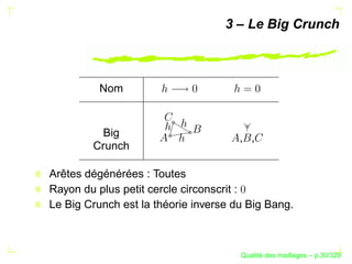 3 – Le Big Crunch



          Nom


         Big                          , ,
        Crunch

Arêtes dégénérées : Toutes
Rayon du plus petit cercle circonscrit :
Le Big Crunch est la théorie inverse du Big Bang.



                                            ´
                                      Qualite des maillages – p.30/329
 