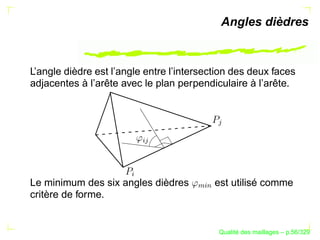 Angles dièdres



L’angle dièdre est l’angle entre l’intersection des deux faces
adjacentes à l’arête avec le plan perpendiculaire à l’arête.




                                             
                          § 
                      §




Le minimum des six angles dièdres           est utilisé comme
                                      %§
                                       $
critère de forme.


                                                  ´
                                            Qualite des maillages – p.56/329
 