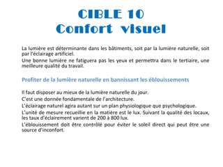 CIBLE 10
Confort visuel
La lumière est déterminante dans les bâtiments, soit par la lumière naturelle, soit
par l’éclairage artificiel.
Une bonne lumière ne fatiguera pas les yeux et permettra dans le tertiaire, une
meilleure qualité du travail.

Profiter de la lumière naturelle en bannissant les éblouissements
Il faut disposer au mieux de la lumière naturelle du jour.
C’est une donnée fondamentale de l’architecture.
L’éclairage naturel agira autant sur un plan physiologique que psychologique.
L’unité de mesure recueillie en la matière est le lux. Suivant la qualité des locaux,
les taux d’éclairement varient de 200 à 800 lux.
L’éblouissement doit être contrôlé pour éviter le soleil direct qui peut être une
source d’inconfort.

 
