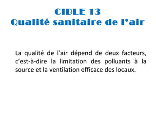 CIBLE 13
Qualité sanitaire de l’air
La qualité de l’air dépend de deux facteurs,
c’est-à-dire la limitation des polluants à la
source et la ventilation efficace des locaux.

 