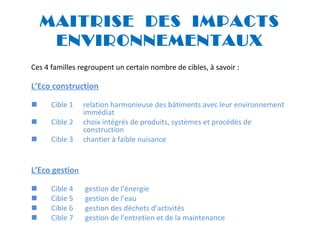 MAITRISE DES IMPACTS
ENVIRONNEMENTAUX
Ces 4 familles regroupent un certain nombre de cibles, à savoir :

L’Eco construction


Cible 1



Cible 2



Cible 3

relation harmonieuse des bâtiments avec leur environnement
immédiat
choix intégrés de produits, systèmes et procédés de
construction
chantier à faible nuisance

L’Eco gestion





Cible 4
Cible 5
Cible 6
Cible 7

gestion de l’énergie
gestion de l’eau
gestion des déchets d’activités
gestion de l’entretien et de la maintenance

 
