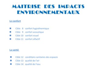 MAITRISE DES IMPACTS
ENVIRONNEMENTAUX
Le confort





Cible 8
Cible 9
Cible 10
Cible 11

confort hygrothermique
confort acoustique
confort visuel
confort olfactif

La santé




Cible 12 conditions sanitaires des espaces
Cible 13 qualité de l’air
Cible 14 qualité de l’eau

 
