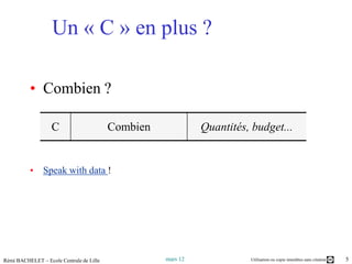 Un « C » en plus ?

          • Combien ?

                   C                      Combien             Quantités, budget...


          • Speak with data !




Rémi BACHELET – Ecole Centrale de Lille             mars 12             Utilisation ou copie interdites sans citation   5
 