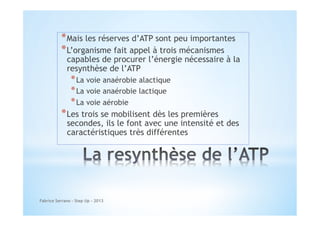 * Mais les réserves d’ATP sont peu importantes
* L’organisme fait appel à trois mécanismes

capables de procurer l’énergie nécessaire à la
resynthèse de l’ATP

* La voie anaérobie alactique
* La voie anaérobie lactique
* La voie aérobie

* Les trois se mobilisent dès les premières

secondes, ils le font avec une intensité et des
caractéristiques très différentes

Fabrice Serrano - Step Up - 2013

 