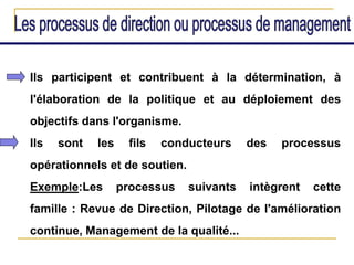 Ils participent et contribuent à la détermination, à
l'élaboration de la politique et au déploiement des
objectifs dans l'organisme.
Ils sont les fils conducteurs des processus
opérationnels et de soutien.
Exemple:Les processus suivants intègrent cette
famille : Revue de Direction, Pilotage de l'amélioration
continue, Management de la qualité...
 