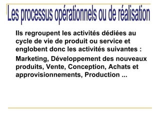 Ils regroupent les activités dédiées au
cycle de vie de produit ou service et
englobent donc les activités suivantes :
Marketing, Développement des nouveaux
produits, Vente, Conception, Achats et
approvisionnements, Production ...
 