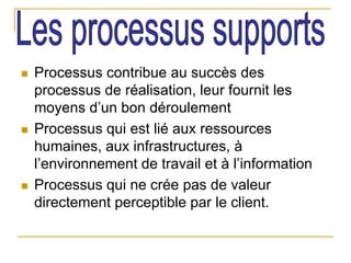  Processus contribue au succès des
processus de réalisation, leur fournit les
moyens d’un bon déroulement
 Processus qui est lié aux ressources
humaines, aux infrastructures, à
l’environnement de travail et à l’information
 Processus qui ne crée pas de valeur
directement perceptible par le client.
 