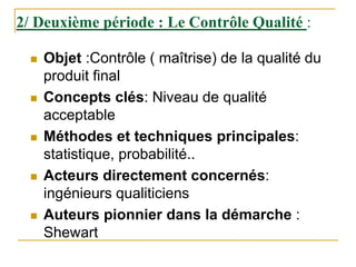  Objet :Contrôle ( maîtrise) de la qualité du
produit final
 Concepts clés: Niveau de qualité
acceptable
 Méthodes et techniques principales:
statistique, probabilité..
 Acteurs directement concernés:
ingénieurs qualiticiens
 Auteurs pionnier dans la démarche :
Shewart
2/ Deuxième période : Le Contrôle Qualité :
 