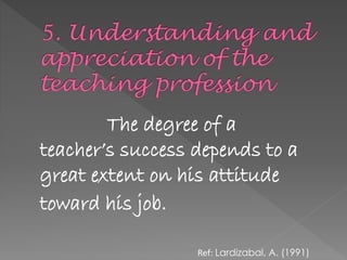 The degree of a
teacher’s success depends to a
great extent on his attitude
toward his job.
Ref: Lardizabal, A. (1991)
 