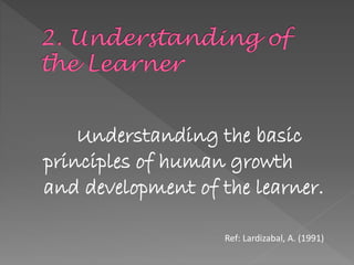 Understanding the basic
principles of human growth
and development of the learner.
Ref: Lardizabal, A. (1991)
 