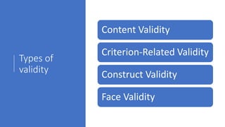 Types of
validity
Content Validity
Criterion-Related Validity
Construct Validity
Face Validity
 