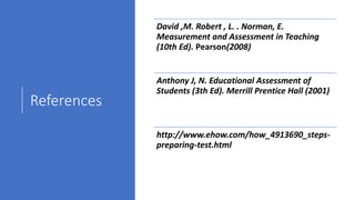 References
David ,M. Robert , L. . Norman, E.
Measurement and Assessment in Teaching
(10th Ed). Pearson(2008)
Anthony J, N. Educational Assessment of
Students (3th Ed). Merrill Prentice Hall (2001)
http://www.ehow.com/how_4913690_steps-
preparing-test.html
 