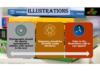ILLUSTRATIOnS
Photographs should
be clearly
reproduced &
relation with content
in the text
Diagrams should be
carefully made
attractive
Color in the
illustrations add to
eye appeal
 