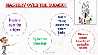 MASTERY OVER THE SUBJECT
Mastery
over the
subject
Attain new
content
knowledge and
new teaching
methods
Update his
knowledge
Habit of
reading
journals and
modern
books.
20-07-2023 14
DR. C. BEULAH JAYARANI
 