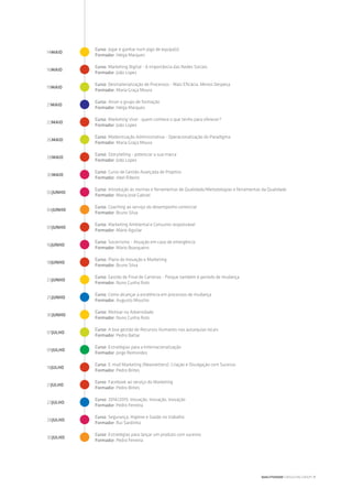14MAIO
16MAIO
19MAIO
21MAIO
23MAIO
26MAIO
28MAIO
30MAIO
02JUNHO
04JUNHO
09JUNHO
16JUNHO
18JUNHO
23JUNHO
25JUNHO
30JUNHO
07JULHO
09JULHO
18JULHO
21JULHO
23JULHO
28JULHO
30JULHO
Curso: Jogar e ganhar num jogo de equipa(s)
Formador: Helga Marques
Curso: Marketing Digital - A importância das Redes Sociais
Formador: João Lopes
Curso: Desmaterialização de Processos - Mais Eficácia, Menos Despesa
Formador: Maria Graça Moura
Curso: Atrair o grupo de formação
Formador: Helga Marques
Curso: Marketing Viral - quem conhece o que tenho para oferecer?
Formador: João Lopes
Curso: Modernização Administrativa - Operacionalização do Paradigma
Formador: Maria Graça Moura
Curso: Storytelling - potenciar a sua marca
Formador: João Lopes
Curso: Curso de Gestão Avançada de Projetos
Formador: Abel Ribeiro
Curso: Introdução às normas e ferramentas de Qualidade/Metodologias e ferramentas da Qualidade
Formador: Maria José Gabriel
Curso: Coaching ao serviço do desempenho comercial
Formador: Bruno Silva
Curso: Marketing Ambiental e Consumo responsável
Formador: Mário Aguilar
Curso: Socorrismo - Atuação em caso de emergência
Formador: Mário Boarqueiro
Curso: Plano de Inovação e Marketing
Formador: Bruno Silva
Curso: Gestão de Final de Carreiras - Porque também é período de mudança
Formador: Nuno Cunha Rolo
Curso: Como alcançar a excelência em processos de mudança
Formador: Augusto Moucho
Curso: Motivar na Adversidade
Formador: Nuno Cunha Rolo
Curso: A boa gestão de Recursos Humanos nas autarquias locais
Formador: Pedro Baltar
Curso: Estratégias para a Internacionalização
Formador: Jorge Remondes
Curso: E-mail Marketing (Newsletters): Criação e Divulgação com Sucesso
Formador: Pedro Brites
Curso: Facebook ao serviço do Marketing
Formador: Pedro Brites
Curso: 2014/2015: Inovação, Inovação, Inovação
Formador: Pedro Ferreira
Curso: Segurança, Higiene e Saúde no trabalho
Formador: Rui Sardinha
Curso: Estratégias para lançar um produto com sucesso
Formador: Pedro Ferreira
QUALITIVIDADE CONSULTING GROUP | 7
 