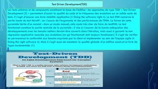 Les tests unitaires et de composants constituent la base de l’édifice : les approches de type TDD – Test Driven
Development [2] – permettent d’assoir la qualité du code et la fréquence des évolutions sur un solide socle de
tests. Il s’agit d’assurer une forte stabilité applicative (« Doing the software right »). Le test IHM concerne la
partie haute du test itératif : on s’assure de l’ergonomie et des performances de l’IHM. La forme de cette
pyramide hérite d’un constat : dans un mode manuel, cela coute très cher de faire du testIHM. Le test
fonctionnel constitue la partie centrale de la pyramide : il vise à s’assurer de la bonne adéquation des
développements avec les besoins métiers devant être couverts dans l’itération, mais aussi à garantir la non
régression applicative associée aux évolutions (ce qui fonctionnait doit toujours fonctionner). Il s’agit de vérifier
en permanence la conformité aux besoins exprimés par le client et implémenter au sein de l’équipe agile («
Doing the right software »). Mais il s’agit aussi de maintenir la qualité globale d’un édifice construit et livré de
façon incrémentale. (1)
Test Driven Development(TDD)
 