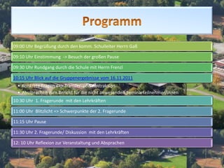 09:00 Uhr Begrüßung durch den komm. Schulleiter Herrn Gaß

09:10 Uhr Einstimmung -> Besuch der großen Pause

09:30 Uhr Rundgang durch die Schule mit Herrn Frenzl

10:15 Uhr Blick auf die Gruppenergebnisse vom 16.11.2011
  • Konkrete Fragen <=> Transfer und Abstraktion
  • Abssprachen zum Bericht für die nicht anwesenden Seminarteilnehmer/innen
10:30 Uhr 1. Fragerunde mit den Lehrkräften

11:00 Uhr Blitzlicht => Schwerpunkte der 2. Fragerunde

11:15 Uhr Pause

11:30 Uhr 2. Fragerunde/ Diskussion mit den Lehrkräften

12: 10 Uhr Reflexion zur Veranstaltung und Absprachen
 