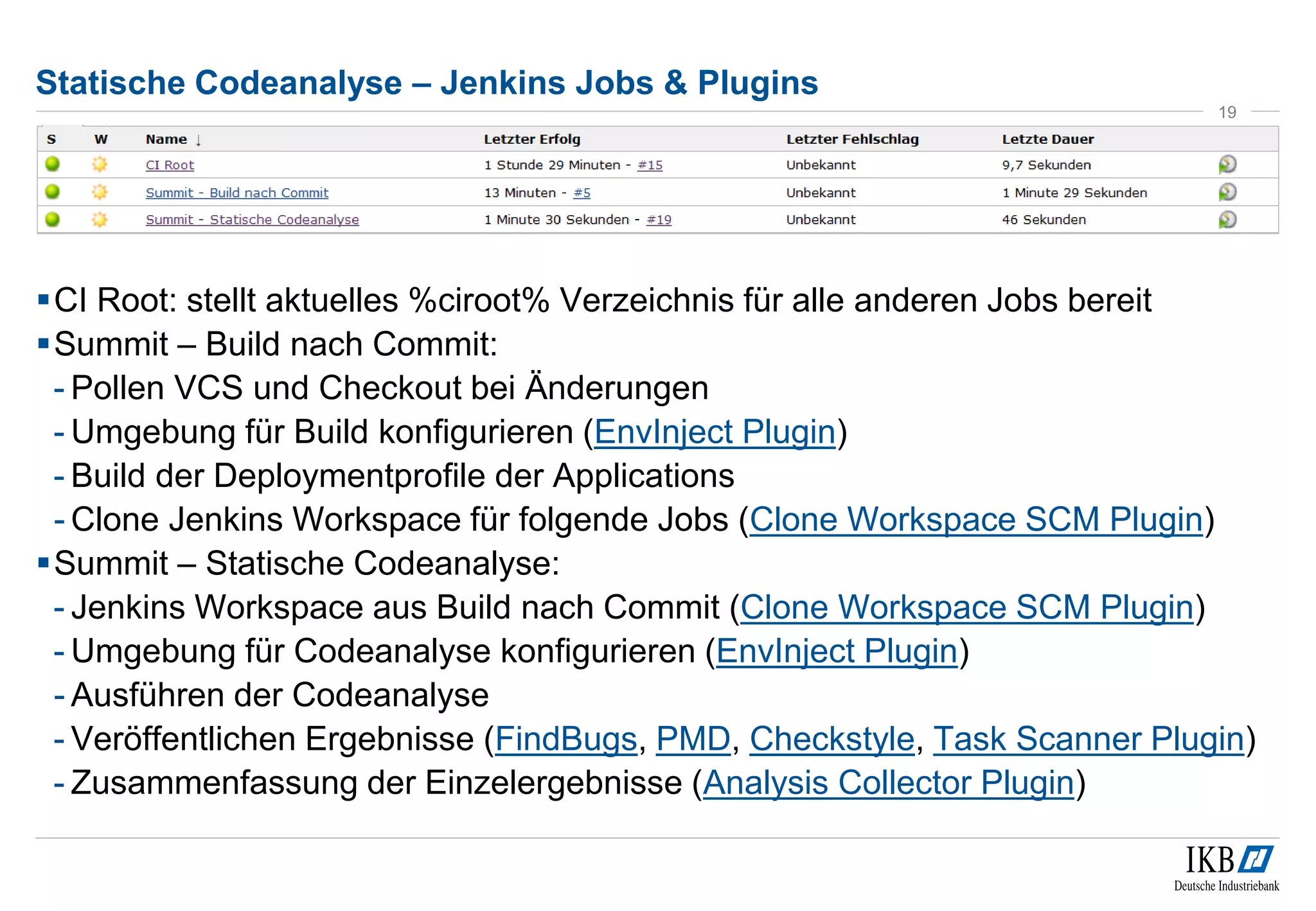 Statische Codeanalyse – Jenkins Jobs & Plugins
CI Root: stellt aktuelles %ciroot% Verzeichnis für alle anderen Jobs bereit
Summit – Build nach Commit:
- Pollen VCS und Checkout bei Änderungen
- Umgebung für Build konfigurieren (EnvInject Plugin)
- Build der Deploymentprofile der Applications
- Clone Jenkins Workspace für folgende Jobs (Clone Workspace SCM Plugin)
Summit – Statische Codeanalyse:
- Jenkins Workspace aus Build nach Commit (Clone Workspace SCM Plugin)
- Umgebung für Codeanalyse konfigurieren (EnvInject Plugin)
- Ausführen der Codeanalyse
- Veröffentlichen Ergebnisse (FindBugs, PMD, Checkstyle, Task Scanner Plugin)
- Zusammenfassung der Einzelergebnisse (Analysis Collector Plugin)
19
 