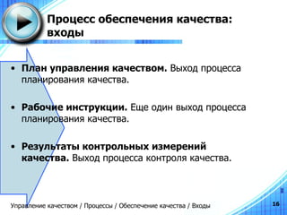 Процесс обеспечения качества: входы План управления качеством.  Выход процесса планирования качества. Рабочие инструкции.  Еще один выход процесса планирования качества. Результаты контрольных измерений качества.  Выход процесса контроля качества. Управление качеством / Процессы / Обеспечение качества / Входы 