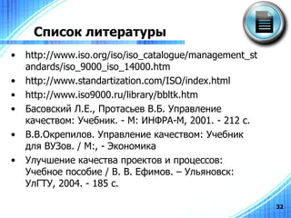 Список литературы http :// www . iso . org / iso / iso _ catalogue / management _ standards / iso _9000_ iso _14000. htm   http :// www . standartization . com / ISO / index . html http :// www . iso 9000. ru / library / bbltk . htm Басовский Л.Е., Протасьев В.Б. Управление качеством: Учебник. - М: ИНФРА-М, 2001. - 212 с. В.В.Окрепилов. Управление качеством: Учебник для ВУЗов. / М:, - Экономика Улучшение качества проектов и процессов: Учебное пособие / В. В. Ефимов. – Ульяновск: УлГТУ, 2004. - 185 с.  
