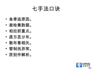 七手法口诀
• 鱼骨追原因。
• 查检集数据。
• 柏拉抓重点。
• 直方显分布。
• 散布看相关。
• 管制找异常。
• 层别作解析。
100
 