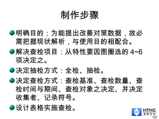 制作步骤
明确目的：为能提出改善对策数据，故必
需把握现状解析，与使用目的相配合。
解决查检项目：从特性要因图圈选的 4~6
项决定之。
决定抽检方式：全检、抽检。
决定查检方式：查检基准、查检数量、查
检时间与期间、查检对象之决定、并决定
收集者、记录符号。
设计表格实施查检。
107
 