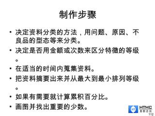 制作步骤
• 决定资料分类的方法，用问题、原因、不
良品的型态等来分类。
• 决定是否用金额或次数来区分特徵的等级
。
• 在适当的时间内蒐集资料。
• 把资料摘要出来并从最大到最小排列等级
。
• 如果有需要就计算累积百分比。
• 画图并找出重要的少数。
112
 