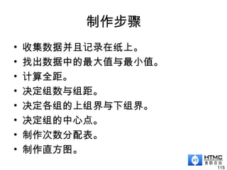 制作步骤
• 收集数据并且记录在纸上。
• 找出数据中的最大值与最小值。
• 计算全距。
• 决定组数与组距。
• 决定各组的上组界与下组界。
• 决定组的中心点。
• 制作次数分配表。
• 制作直方图。
115
 