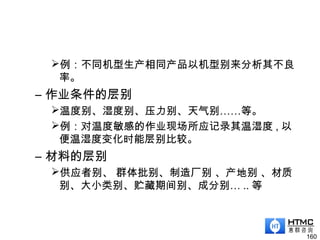 例：不同机型生产相同产品以机型别来分析其不良
率。
– 作业条件的层别
温度别、湿度别、压力别、天气别……等。
例：对温度敏感的作业现场所应记录其温湿度 , 以
便温湿度变化时能层别比较。
– 材料的层别
供应者别、 群体批别、制造厂别 、产地别 、材质
别、大小类别、贮藏期间别、成分别… .. 等
160
 