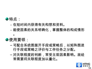 特点：
– 在短时间内获得有关构想和资料。
– 能使因素的关系明确化，掌握整体的构成情形
。
使用要领：
– 可配合系统图展开手段或策略后，以矩阵图进
行手段或策略之评价与工作任务之分配。
– 对关联程度的判断，常受主观因素影响。故经
常需要将关联程度加以量化。
196
 