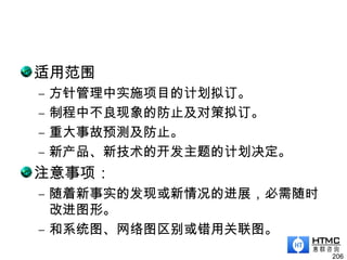 适用范围
– 方针管理中实施项目的计划拟订。
– 制程中不良现象的防止及对策拟订。
– 重大事故预测及防止。
– 新产品、新技术的开发主题的计划决定。
注意事项：
– 随着新事实的发现或新情况的进展，必需随时
改进图形。
– 和系统图、网络图区别或错用关联图。
206
 