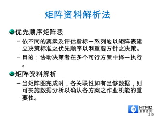 矩阵资料解析法
优先顺序矩阵表
– 依不同的要素及评估指标一系列地以矩阵表建
立决策标准之优先顺序以利重要方针之决策。
– 目的：协助决策者在多个可行方案中择一执行
。
矩阵资料解析
– 当矩阵图完成时，各关联性如有足够数据，则
可实施数据分析以确认各方案之作业机能的重
要性。
210
 