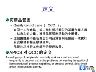 定义
何谓品管圈
– Quality control cycle （ QCC ）。
– 在同一工作地點，或工作性質相類似的基層作業人員
，以自主的力量，推行品質管制活動的小團體。
– 這個團體將不斷地為全公司品質管制活動的一環實行
自我啟發和相互啟發活用。
– 品管技巧推行工作場所的管理改善。
APICS 对 QCC 的定义
A small group of people who normally work as a unit and meet
frequently to uncover and solve problems concerning the quality of
items produced, process capability, or process control. See: small
group improvement activity.
220
 