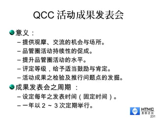 QCC 活 成果 表会动 发
意义：
– 提供观摩、交流的机会与场所。
– 品管圈活动持续性的促成。
– 提升品管圈活动的水平。
– 评定等级，给予适当鼓励与肯定。
– 活动成果之检验及推行问题点的发掘。
成果发表会之周期 ：
– 设定每年之发表时间（固定时间）。
– 一年以 2 ～ 3 次定期举行。
231
 