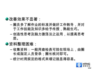 改善效果不显著：
– 圈员多了解作业的标准并做好工作教导，并对
于工作技能及知识多给予传授，熟能生巧。
– 创造性思考及脑力激荡法之运用，以提高思考
层。
资料整理困难：
– 收集资料：一般用查检表可挂在现场上，由圈
长或指定人员登录；圈长核对即可。
– 统计时用规定的格式来填记就显得容易。
242
 