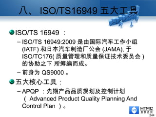 八、 ISO/TS16949 五大工具
ISO/TS 16949 ：
– ISO/TS 16949:2009 是由国际汽车工作小组
(IATF) 和日本汽车制造厂公会 (JAMA), 于
ISO/TC176( 质量管理和质量保证技术委员会 )
的协助之下 所筹编而成。
– 前身为 QS9000 。
五大核心工具：
– APQP ：先期产品品质规划及控制计划
（ Advanced Product Quality Planning And
Control Plan ）。
244
 