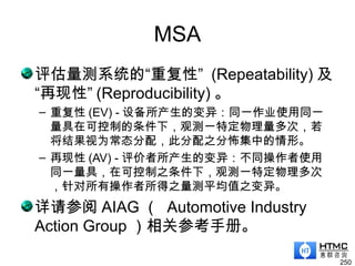 MSA
评估量测系统的“重复性” (Repeatability) 及
“再现性” (Reproducibility) 。
– 重复性 (EV) - 设备所产生的变异：同一作业使用同一
量具在可控制的条件下，观测一特定物理量多次，若
将结果视为常态分配，此分配之分怖集中的情形。
– 再现性 (AV) - 评价者所产生的变异：不同操作者使用
同一量具，在可控制之条件下，观测一特定物理多次
，针对所有操作者所得之量测平均值之变异。
详请参阅 AIAG （ Automotive Industry
Action Group ）相关参考手册。
250
 