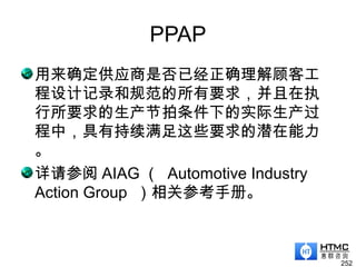 PPAP
用来确定供应商是否已经正确理解顾客工
程设计记录和规范的所有要求，并且在执
行所要求的生产节拍条件下的实际生产过
程中，具有持续满足这些要求的潜在能力
。
详请参阅 AIAG （ Automotive Industry
Action Group ）相关参考手册。
252
 