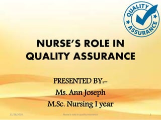 NURSE’S ROLE IN
QUALITY ASSURANCE
PRESENTED BY:-
Ms. Ann Joseph
M.Sc. Nursing I year
111/28/2018 Nurse's role in quality insurance
 