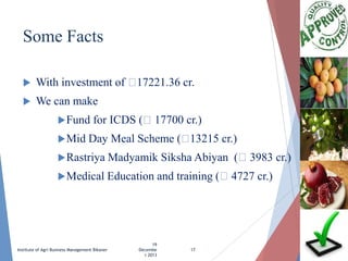 Some Facts


With investment of ₹
17221.36 cr.



We can make
 Fund
 Mid

for ICDS (₹17700 cr.)

Day Meal Scheme (₹
13215 cr.)

 Rastriya Madyamik
 Medical Education

Institute of Agri Business Management Bikaner

19
Decembe
r 2013

Siksha Abiyan (₹3983 cr.)

and training (₹4727 cr.)

17

 