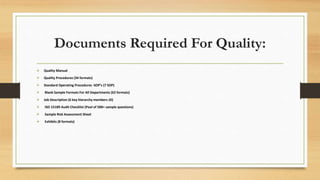 Documents Required For Quality:
 Quality Manual
 Quality Procedures (34 formats)
 Standard Operating Procedures -SOP’s (7 SOP)
 Blank Sample Formats For All Departments (62 formats)
 Job Description (6 key hierarchy members JD)
 ISO 15189 Audit Checklist (Pool of 500+ sample questions)
 Sample Risk Assessment Sheet
 Exhibits (8 formats)
 