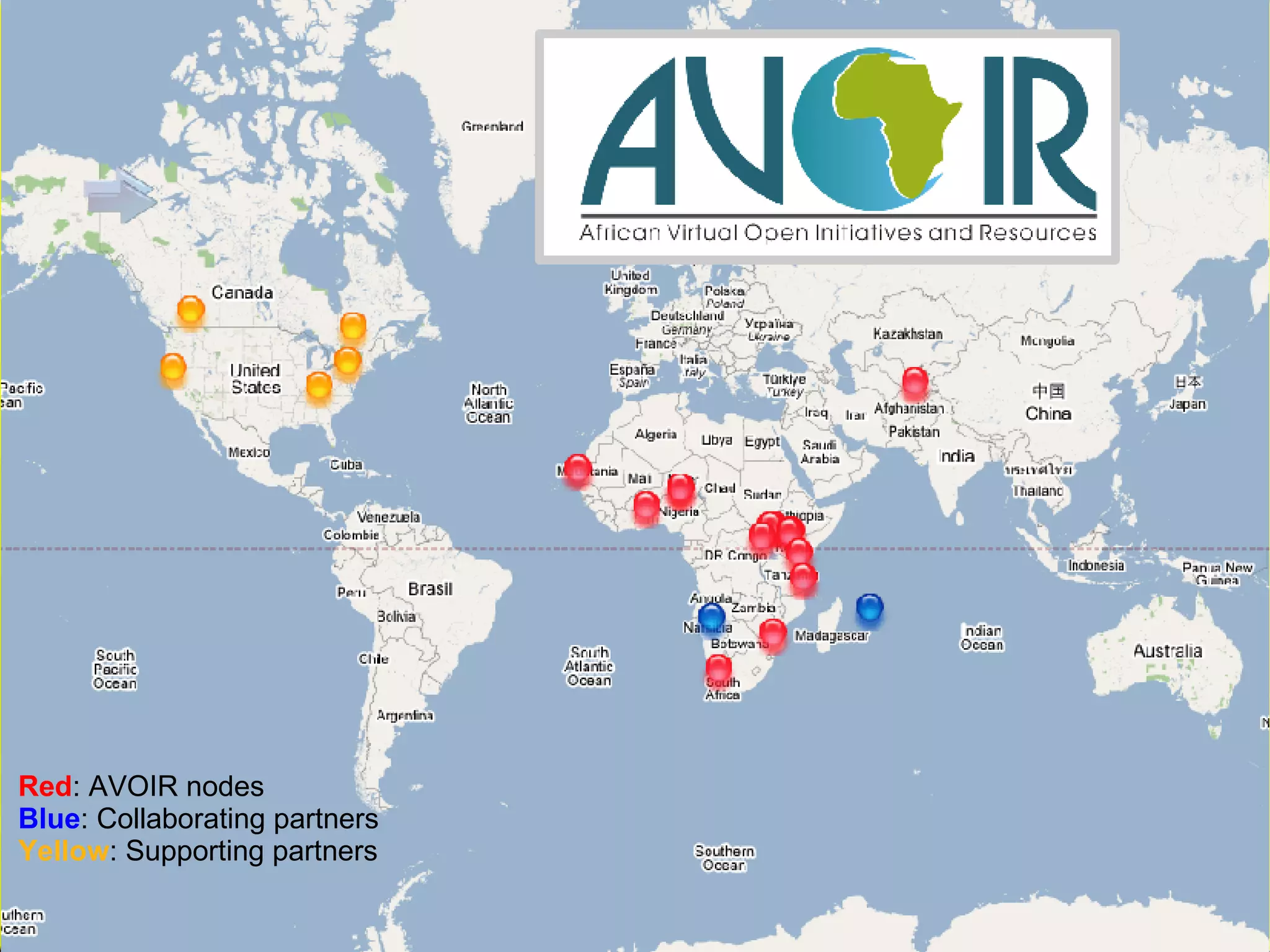 Red : AVOIR nodes Blue : Collaborating partners Yellow : Supporting partners 