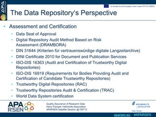 Co-funded by the European Union under FP7-ICT-2009-6



  The Data Repository‘s Perspective
•  Assessment and Certificatio...